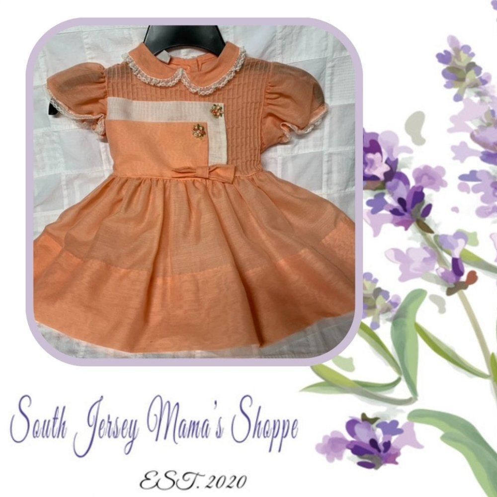 Vintage 1970s Size 12-18 M Rose Bud by Miss Quality Dress Peach Floral Smocking